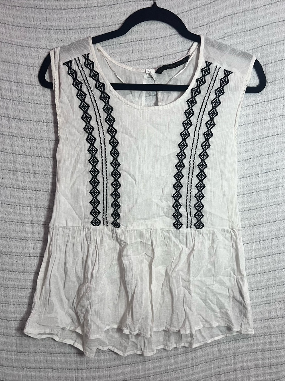 Zara White Sleeveless Peplum Top with Black Embroidery